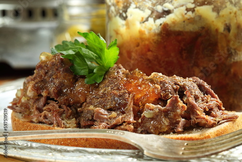 Pork stew. Preserved on a wooden table