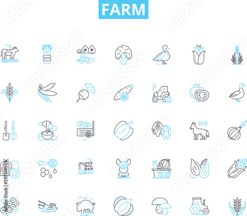 Farm linear icons set. Harvest, Livestock, Plow, Crops, Hay, Seeds, Tractor line vector and concept signs. Fertilizer,Agriculture,Barn outline illustrations Generative AI