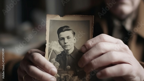 Family tree concept, dna, genes, ancestors. A man holds in his hands an old vintage photo of his grandfather, relatives. AI generated