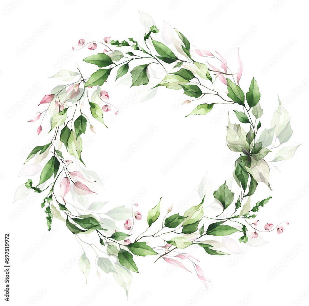 Delicate greenery round frame watercolor painted. Wreath with branches, green and pink leaves. Wedding ready design.