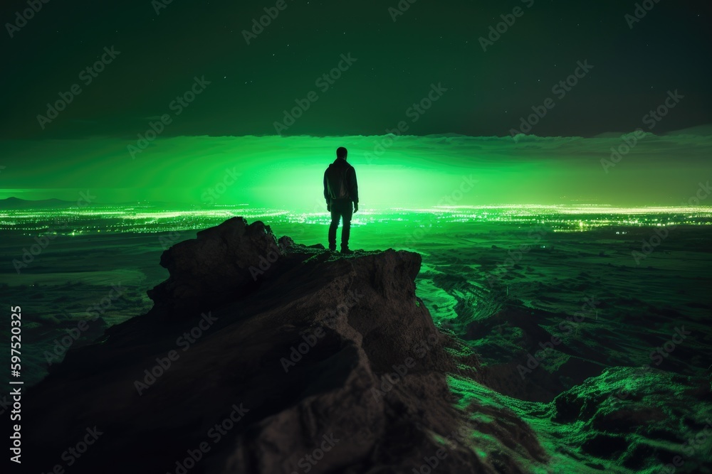 Post apocalypse concept. Alone figure at night standing on a cliff, looking out over a vast with ruins and the occasional patch of green high resolution photography in neon colors