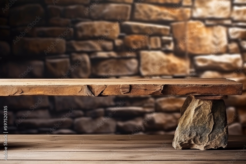 stone wall with blurred background with empty wooden table with free space for product display and mockup, copy space, small depth of field, ai generated – human enhanced stone wall with blurred background with empty wooden table with free space for product display and mockup, copy space, small depth of field, ai generated – human enhanced