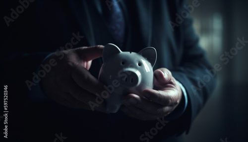 Businessman holding piggy bank, savings and wealth generated by AI