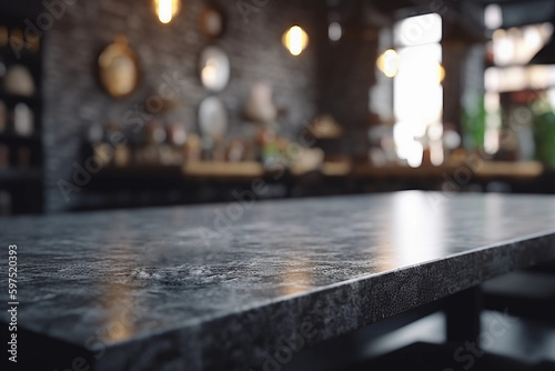 restaurant and kitchen interior with blurred background with empty marble table with free space for product display and mockup, copy space, small depth of field, ai generated – human enhanced