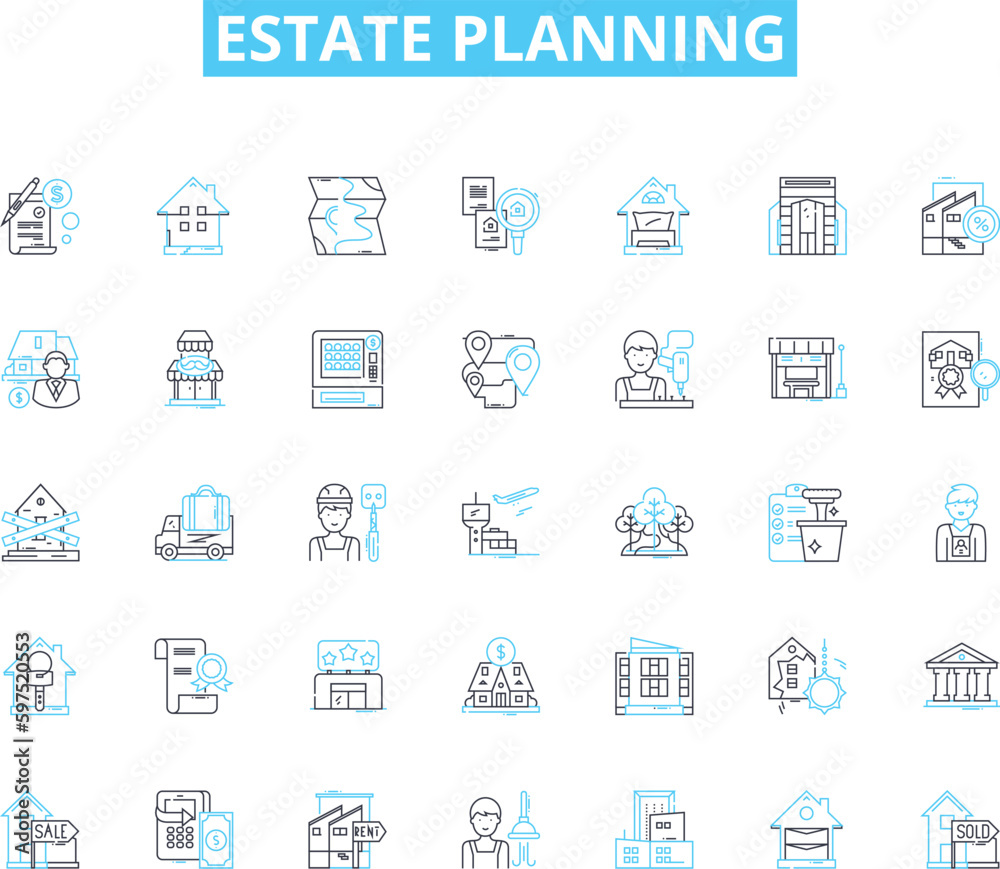 Estate planning linear icons set. Inheritance, Will, Trust, Probate, Executor, Bequest, Tax line vector and concept signs. Legacy,Heir,Asset outline illustrations Generative AI Estate planning linear icons set. Inheritance, Will, Trust, Probate, Executor, Bequest, Tax line vector and concept signs. Legacy,Heir,Asset outline illustrations Generative AI