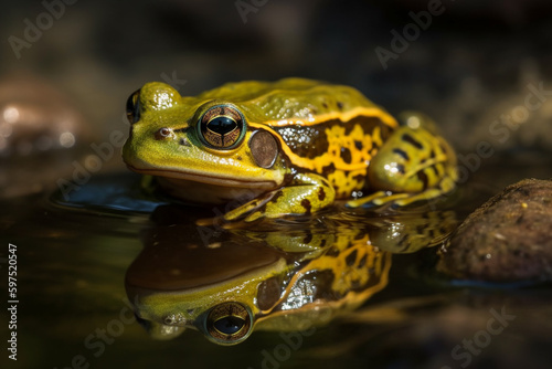 Macro shot of the common water frog (Pelophylax esculentus) on the water surface. Ai generative