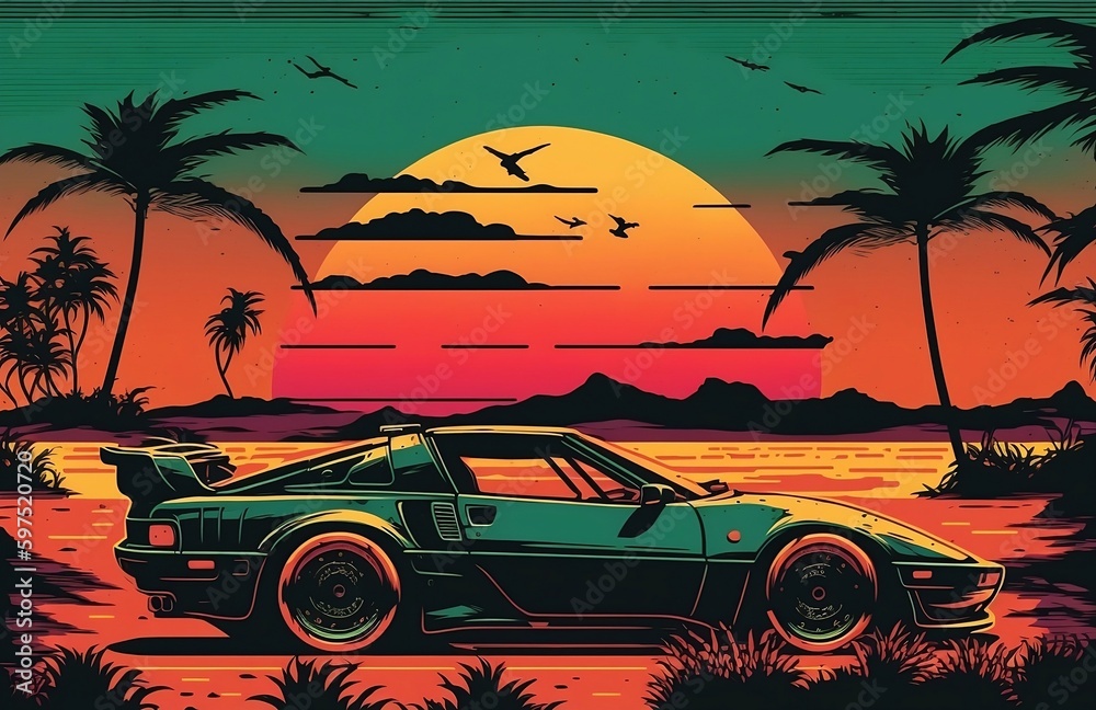 90s retro design with sports car and vinyl sunset view
