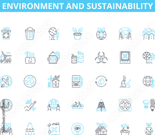 Environment and sustainability linear icons set. Conservation, Biodiversity, Climate, Renewable, Organic, Pollution, Forests line vector and concept signs. Habitat,Ecosystem,Greenhouse Generative AI