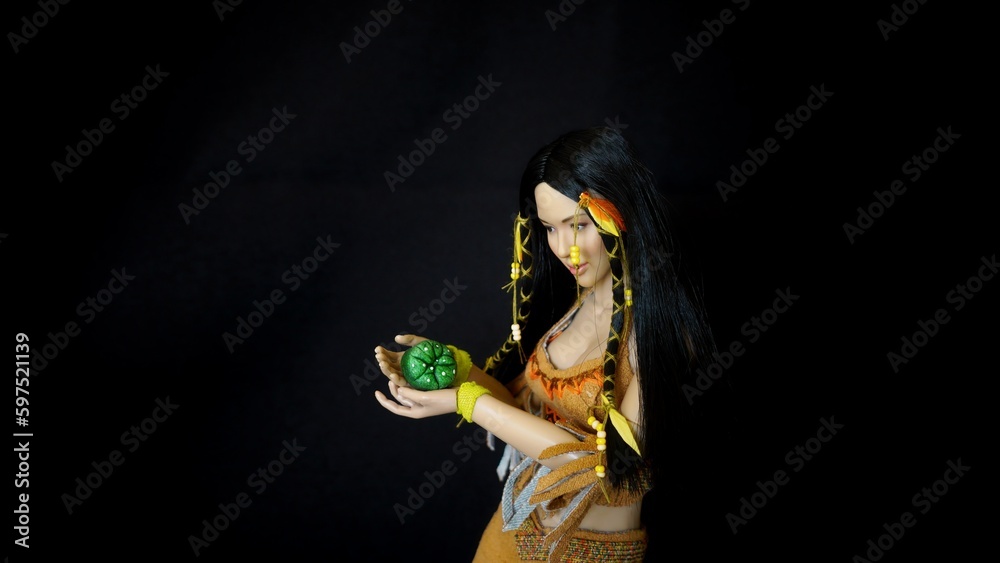 Native American Shaman with Peyote cactus (Lophophora Williamsi). Stock