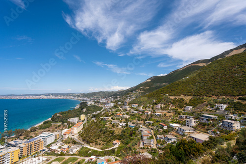 Attractive spring cityscape of Vlore city from Kanines fortress. Captivating morning sescape of Adriatic sea. Spectacular outdoor scene of Albania, Europe. Traveling concept background. photo