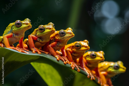 Front view of Javan tree frogs marching through the leaves. Ai generative