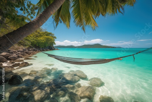 hammock over beautiful crystal clear turquoise island rock pools next to a white sandy beach with palm trees - Generative AI