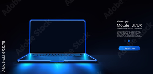 A portable neon computer with a blank screen and a desk in a dark room with blue lighting. Technological background with a laptop. Vector illustration