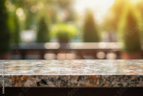 Summer garden with colorful flowers during sunset. blurred background with empty wooden table with free space for product display and mockup, copy space, small depth of field, ai generated © cwiela_CH