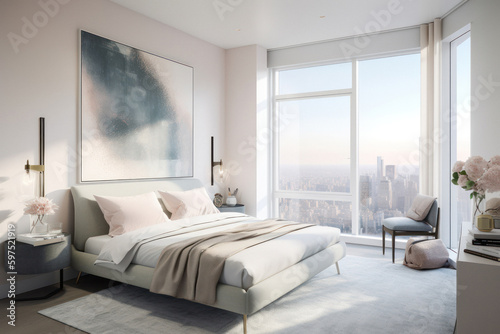 Bright and Airy Bedroom with Modern Poster Mockup and City Skyline View