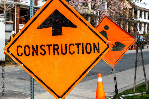 Photography construction signage on a residential street in an established neighbourhood in