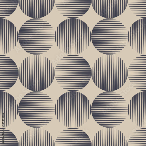 Different Circles with Hatching Seamless Pattern Trend Cool Retro Abstract Background. 60s 70s Style Graphic Design Textile Print Repetitive Wallpaper. Striped Halftone Art Continuous Abstraction