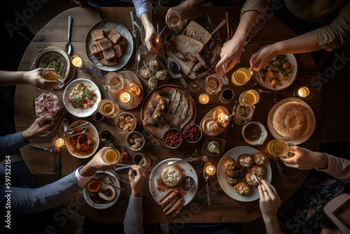 Group of Friends Toasting and Enjoying Delicious Food at a Bar Restaurant