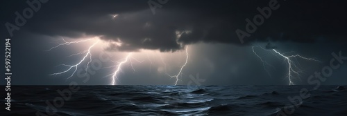 An electrifying lightning storm over a dark ocean, with the bolts of lightning illuminating the churning waves, concept of Natural power, created with Generative AI technology