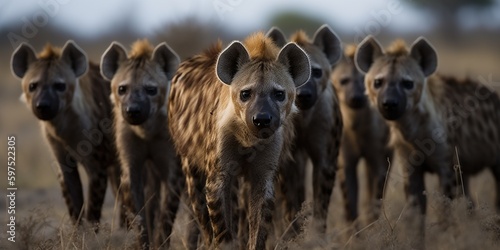 A pack of hyenas hunting together in the savanna, concept of Predator-prey dynamics, created with Generative AI technology