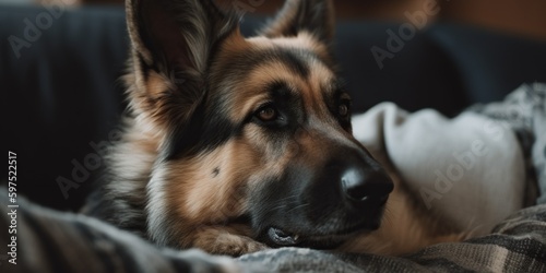 A loyal german shepherd cuddled up with its owner on the couch, concept of Canine companionship, created with Generative AI technology