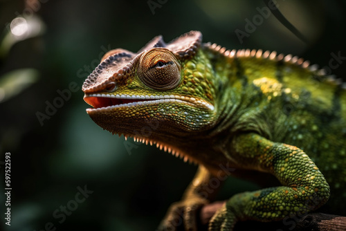 Macro shot of a Chameleon on a branch. Ai generative © mualtry002