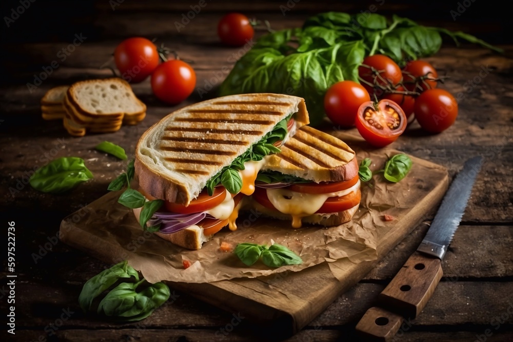 An appetizing grilled panini sandwich