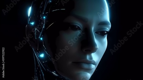 Artificial intelligence with face of a woman: Closeup of an Android with a female face on a dark background (Generative AI)