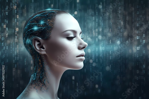 Artificial intelligence with face of a woman in front of a digital / virtual background (Generative AI)