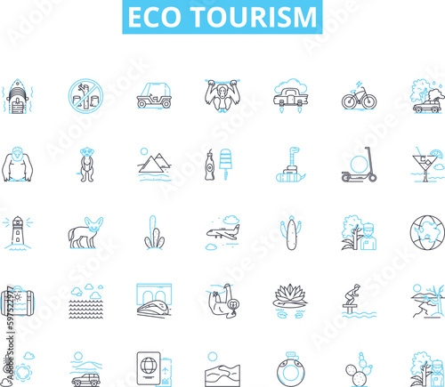Eco tourism linear icons set. Sustainable, Wildlife, Adventure, Green, Preserve, Conservation, Nature line vector and concept signs. Ecological,Responsible,Biodiversity outline illustrations