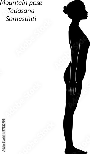 Flat black silhouette of young woman practicing yoga, doing Mountain pose or Equal Standing pose. Tadasana or Samasthiti. Standing and Neutral. Vector illustration isolated on transparent background.