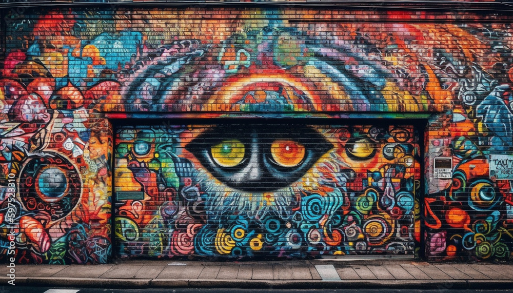 Vibrant graffiti murals illuminate modern city streets generated by AI