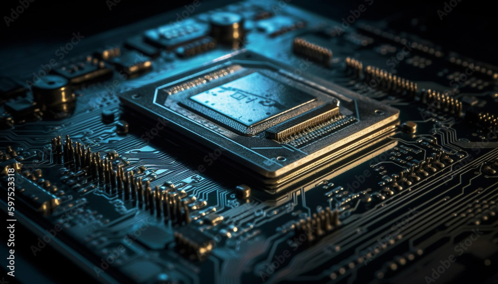 Complex circuit board shows futuristic computer technology generated by AI Complex circuit board shows futuristic computer technology generated by AI