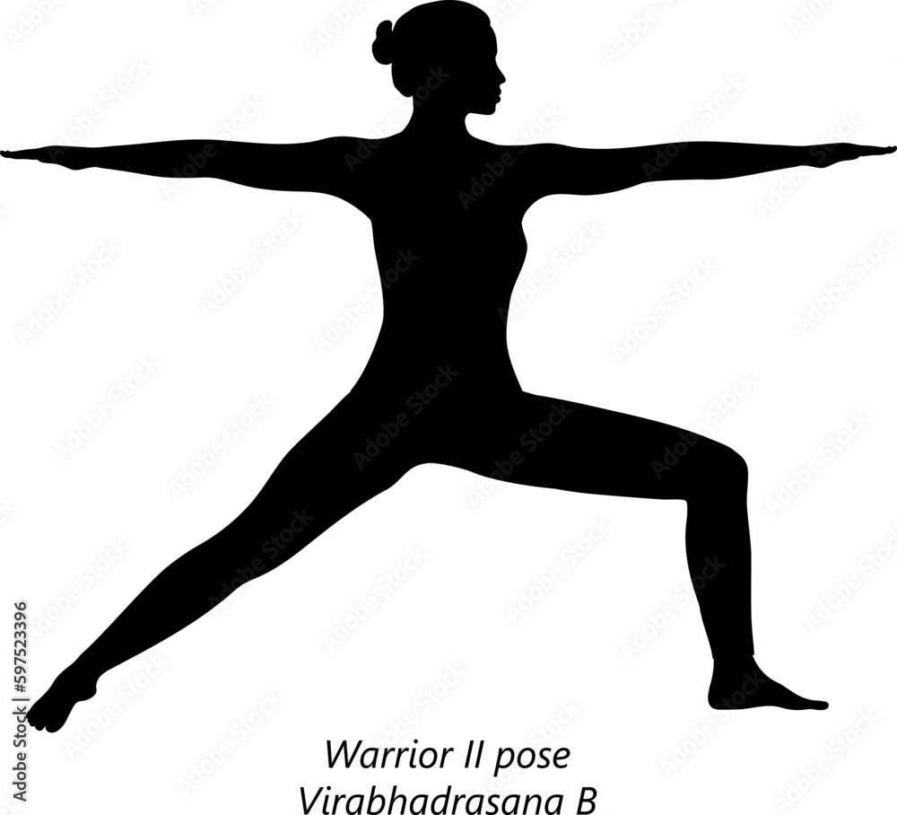 Flat black silhouette of young woman practicing yoga, doing Warrior 2 two pose or Virabhadrasana B. Standing and Balancing. Beginner. Vector illustration isolated on transparent background.