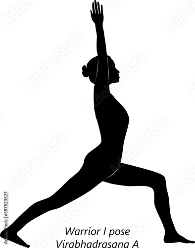 Flat black silhouette of young woman practicing yoga, doing Warrior 1 one pose or Virabhadrasana A. Standing and Balancing. Beginner. Vector illustration isolated on transparent background.