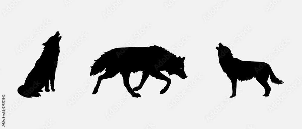 isolated black silhouette of a wolf , vector collection