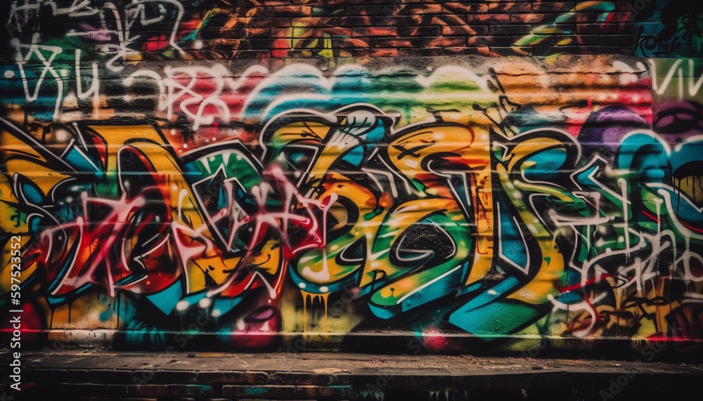 Vibrant graffiti mural illuminates dark city street generated by AI Vibrant graffiti mural illuminates dark city street generated by AI