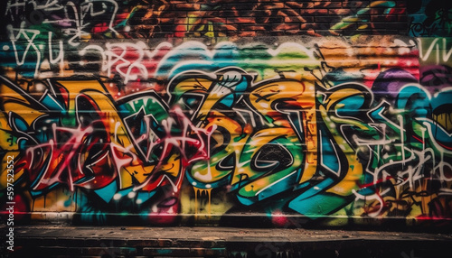 Vibrant graffiti mural illuminates dark city street generated by AI