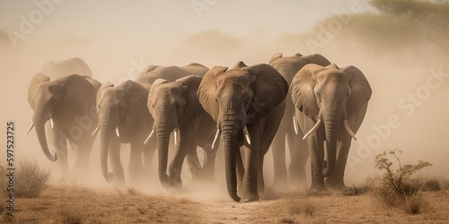 Photo A group of elephants walking through the savanna, kicking up dust, concept of Wi