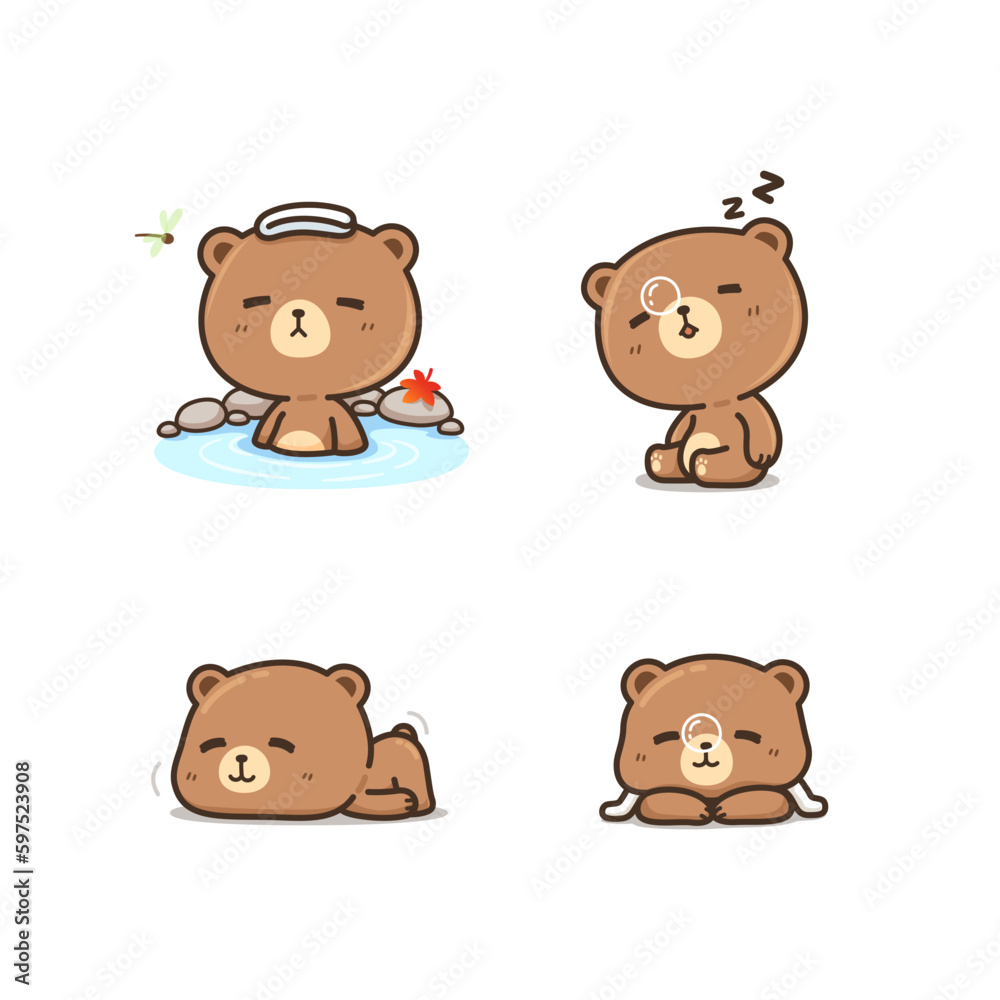Set of cute and kawaii brown bear in many posture isolated vector Set of cute and kawaii brown bear in many posture isolated vector