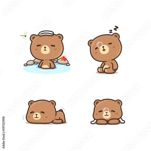 Set of cute and kawaii brown bear in many posture isolated vector