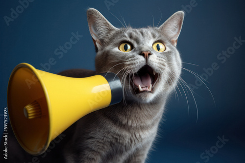Cute Cat Holding Yellow Megaphone with Curious Expression