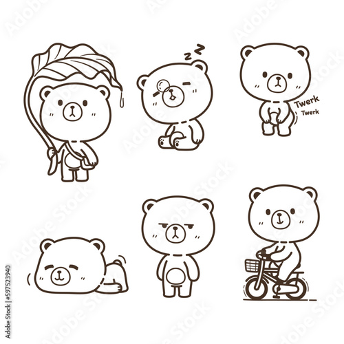 Set of cute and kawaii brown bear in many posture isolated vector