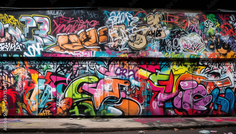 Vibrant graffiti mural decorates old city street generated by AI Vibrant graffiti mural decorates old city street generated by AI