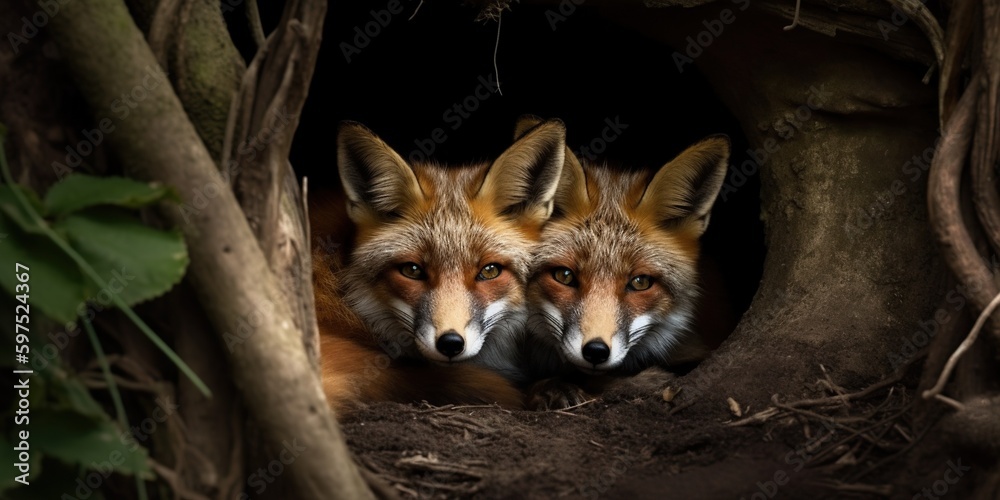 Obraz premium A pair of foxes snuggling together in a den beneath a tree, concept of Cuddling behavior in animals, created with Generative AI technology