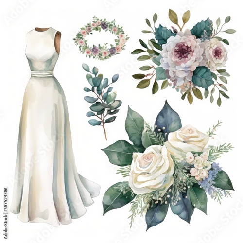 Watercolor Wedding Illustrations Set: Bride Dress, Bouquet, and Engagement Ring Clipart on White Background