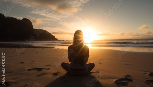 One woman meditates, backlit by tranquil sunrise generated by AI © Jeronimo Ramos