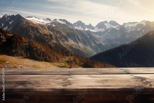 green mountains and forest in the alps and blurred background with empty wooden table with free space for product display and mockup  copy space  small depth of field  ai generated     human enhanced
