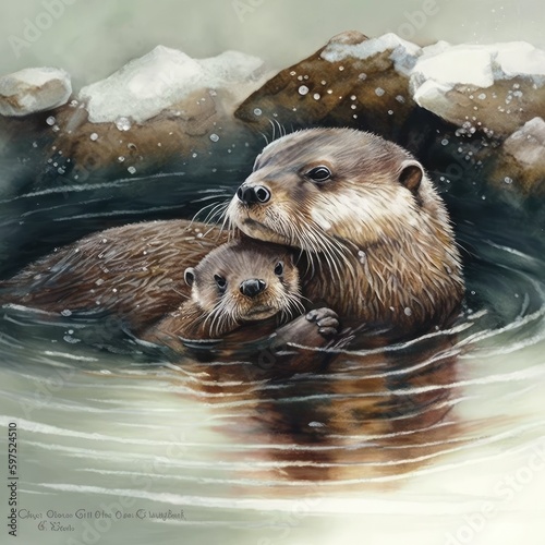 Otter and Baby: A Winter Watercolor