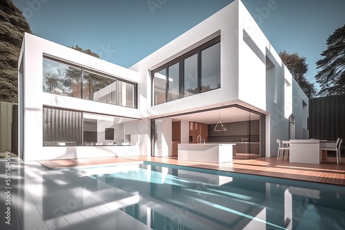 modern house with swimming pool. architectural concept - generative AI. © Ornavi